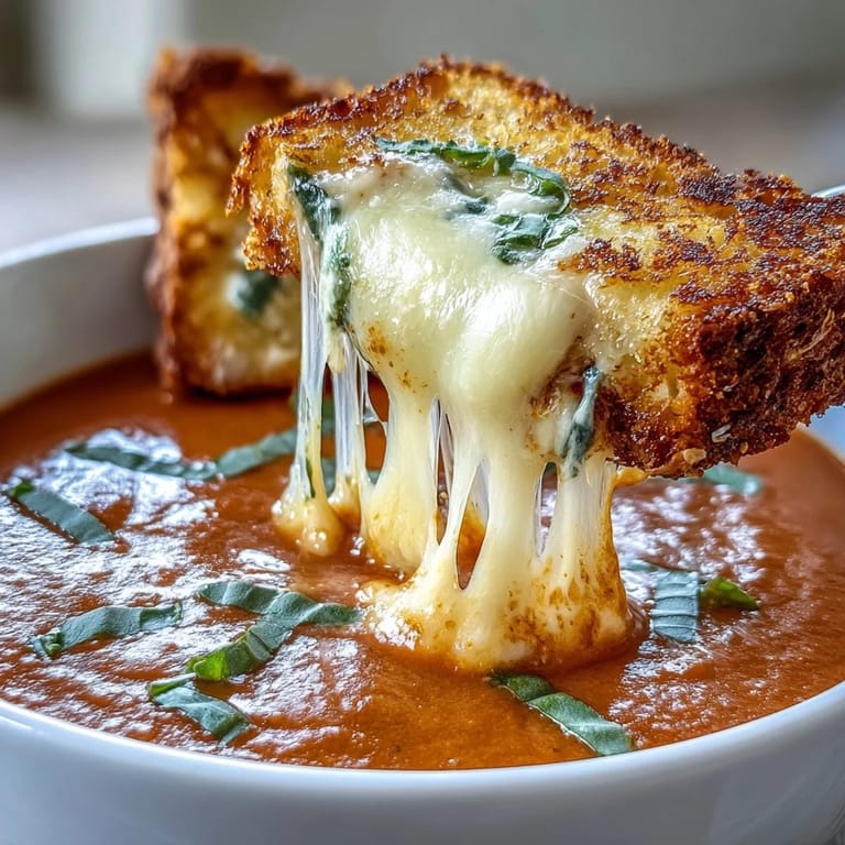 Rich tomato basil soup served with crispy grilled cheese croutons floating on top, ideal for a satisfying lunch.