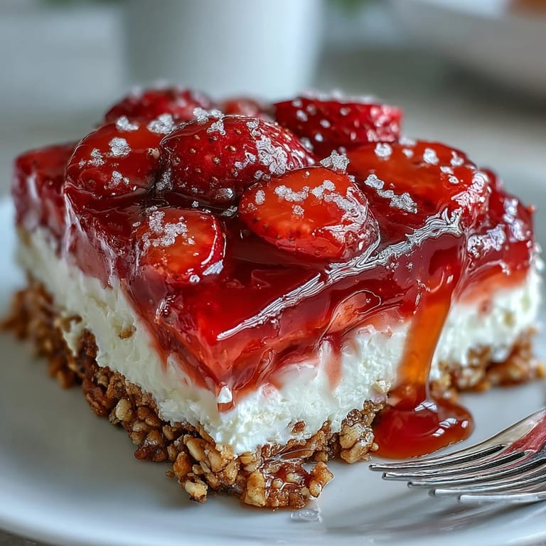 A festive slice of Memorial Day Strawberry Pretzel Salad, showcasing sweet and salty textures.