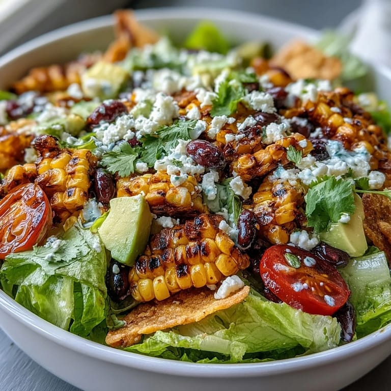 Hearty grilled corn and black bean taco salad garnished with crumbled cheese and crispy tortilla chips.