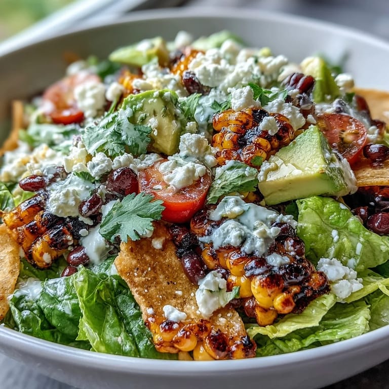 Colorful grilled corn and black bean taco salad overflowing with crisp veggies and cool avocado.