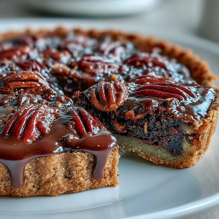 Rich, gooey Chocolate Bourbon Pecan Tart topped with toasted pecans.