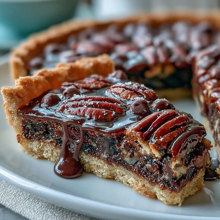 Southern-inspired Chocolate Bourbon Pecan Tart, perfectly baked and drizzled.