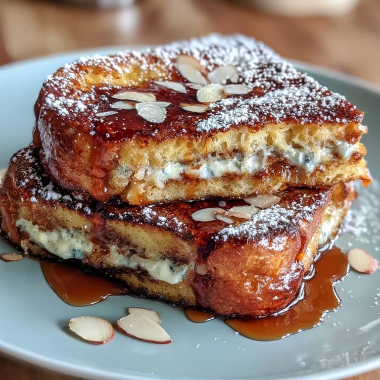 Indulgent almond croissant French toast with thick brioche slices, velvety almond cream, and golden toasted almonds, perfect for a special brunch.