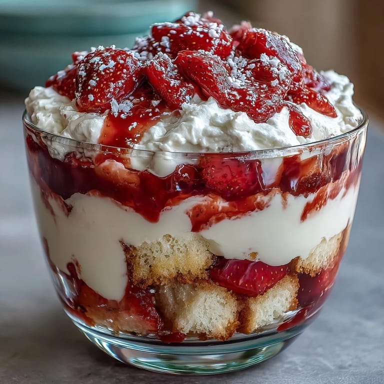 Tall glass dessert showcasing vibrant red strawberries, soft vanilla cake cubes, and airy whipped cream in a striking trifle presentation.