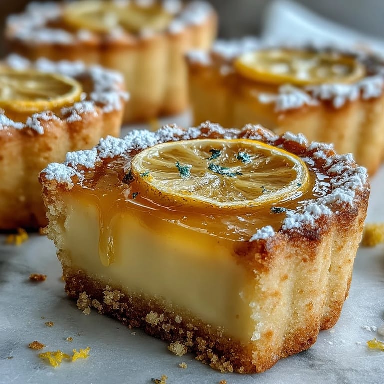 Soft sugar cookies topped with bright lemon curd and a snowy layer of powdered sugar, offering a delightful balance of sweet and tart flavors.