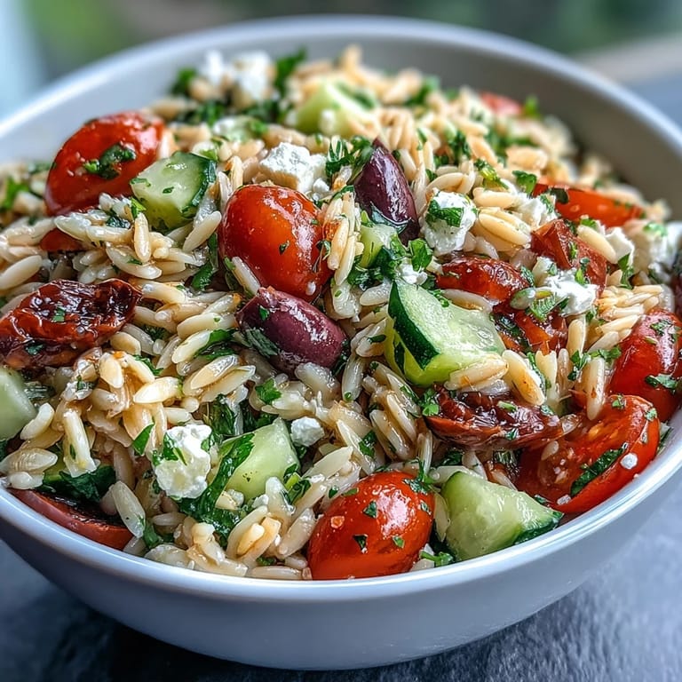 Bright Summer Orzo Salad brimming with feta, lemon, and fresh vegetables.