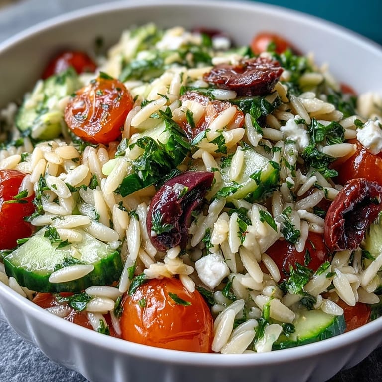 Colorful Summer Orzo Salad, tossed with zesty lemon dressing and olives.