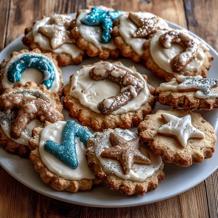 Close-up of delightful Gemini sugar cookies adorned with edible golden star royal icing.