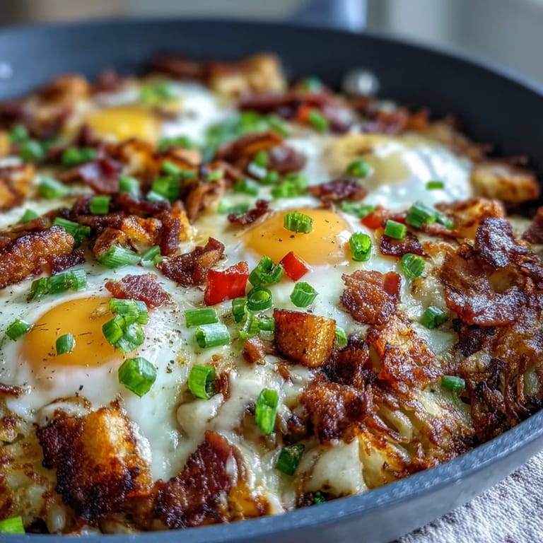 Fluffy egg yolks topping a Loaded Hash Brown Skillet, perfect morning indulgence.