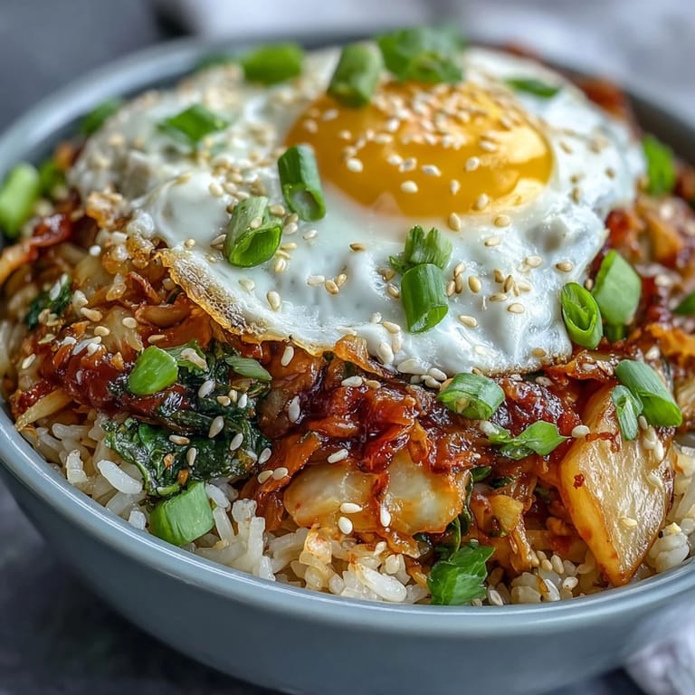 Hearty vegetarian kimchi fried rice, ready to be enjoyed with a sunny-side-up egg.