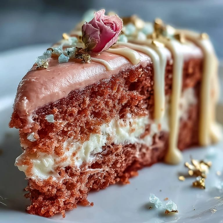 A blushing Bridal Shower Rosé Velvet Cake with shimmering edible gold.