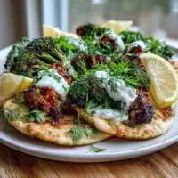 Golden-brown harissa broccoli roasted to crispy perfection, piled onto warm flatbreads with a dollop of Greek yogurt.