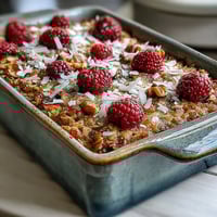 Golden squares of Baked Oatmeal with Raspberry and Coconut sit in a ceramic dish, with fresh berries and maple syrup ready to serve.