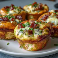 Golden-brown Breakfast Egg Muffins with melted cheddar, bacon, and bell peppers on a white plate.