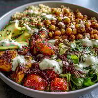 This vibrant Buddha Bowl showcases fluffy quinoa topped with caramelized roasted sweet potatoes, crispy oven-roasted chickpeas, and fresh avocado slices, all drizzled with creamy garlic tahini dressing for a wholesome meal.