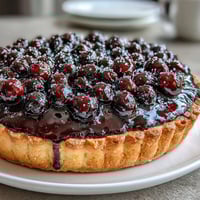 A close-up of a sliced Black Currant Fruit Tart revealing the crisp buttery crust and vibrant purple curd.