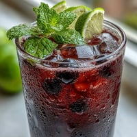 Vibrant Black Currant Mocktail served in a tall glass over ice, garnished with fresh mint sprigs and lime slices for a refreshing summer sip.