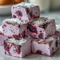 Freshly cut squares of Black Currant Marshmallows dusted with powdered sugar on a rustic wooden board.