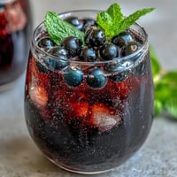 Sparkling Black Currant It Berry Celebration Drink is poured over ice into a tall glass, garnished with fresh mint and berries.