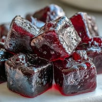 Glossy, purple Black Currant Gummies resting on parchment paper, showcasing their sweet, chewy texture after setting.