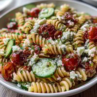 A vibrant pasta salad with fresh cucumbers, cherry tomatoes, and zesty lemon vinaigrette for a refreshing summer dish.