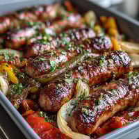 Sheet pan sausage and peppers with juicy sausages and colorful bell peppers roasted to perfection.  
