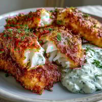 Crispy fried catfish fillets with golden cornmeal crust, served alongside zesty remoulade sauce for a classic Southern meal.  