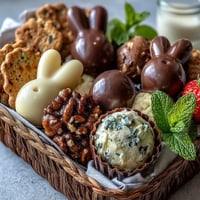 Spring Charcuterie: Mini Easter Basket Treat Board filled with colorful cheeses, fruits, and sweets arranged in festive mini baskets.