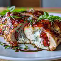 Caprese Stuffed Chicken Breast with melted mozzarella, fresh tomatoes, and basil, baked until golden and juicy.