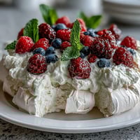 Elegant pavlova with fresh berries and cream, crisp meringue topped with fluffy whipped topping and vibrant spring berries.