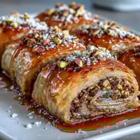 Crispy phyllo pastry rolls stuffed with crushed pistachios and drizzled with fragrant orange blossom syrup.  