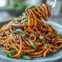 Spicy gochujang butter pasta with garlic, soy sauce, and honey, garnished with sesame seeds and spring onions.