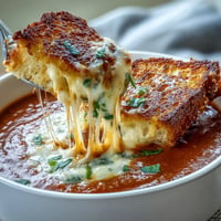 Creamy tomato basil soup with grilled cheese croutons in a white bowl, garnished with fresh basil leaves.