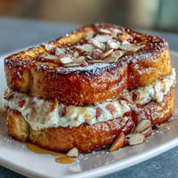 Decadent almond croissant French toast with golden brioche slices soaked in almond cream, topped with toasted almonds and powdered sugar.