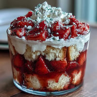 Beautiful layered strawberry shortcake trifle in a glass with cubes of vanilla cake, fresh strawberries, and fluffy whipped cream.