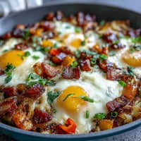 Hearty Father's Day Loaded Hash Brown Skillet with golden eggs and crispy bacon.